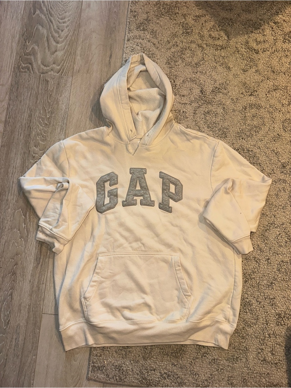 GAP Cream Pullover Hoodie with Gray Lettering